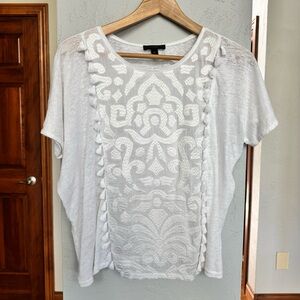 J Crew Embroidered Tassle Trimmed White Linen Tee